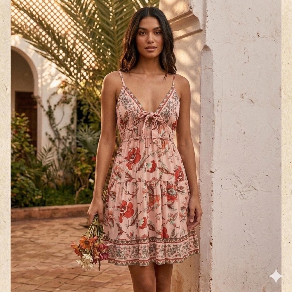 Angie Boho Floral Cutout Mini Dress Pink M Summer Festival Cottagecore Beach - Picture 2 of 12